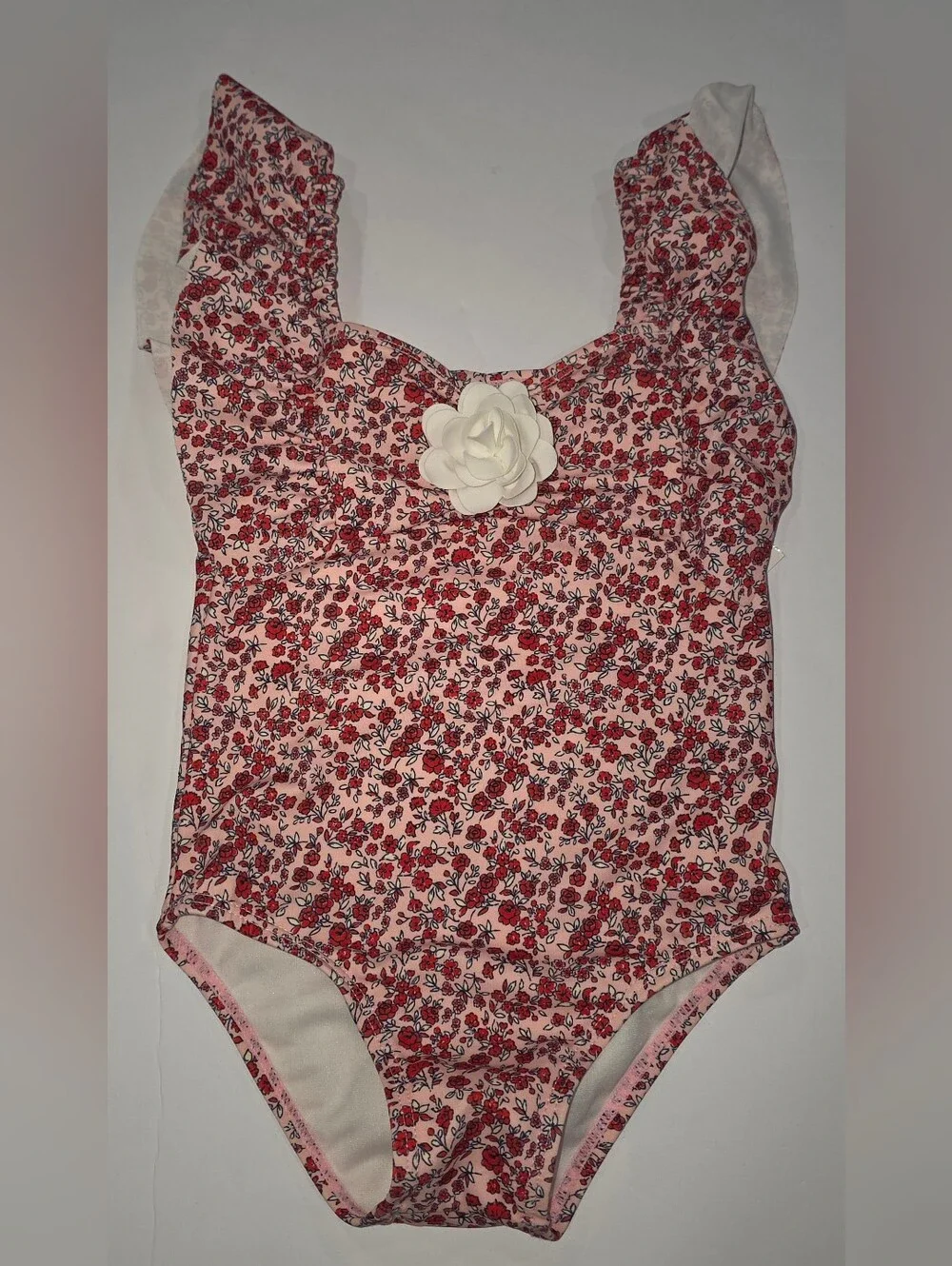 Janie and Jack Pink Floral One-Piece Swimsuit with White Flower Size 3